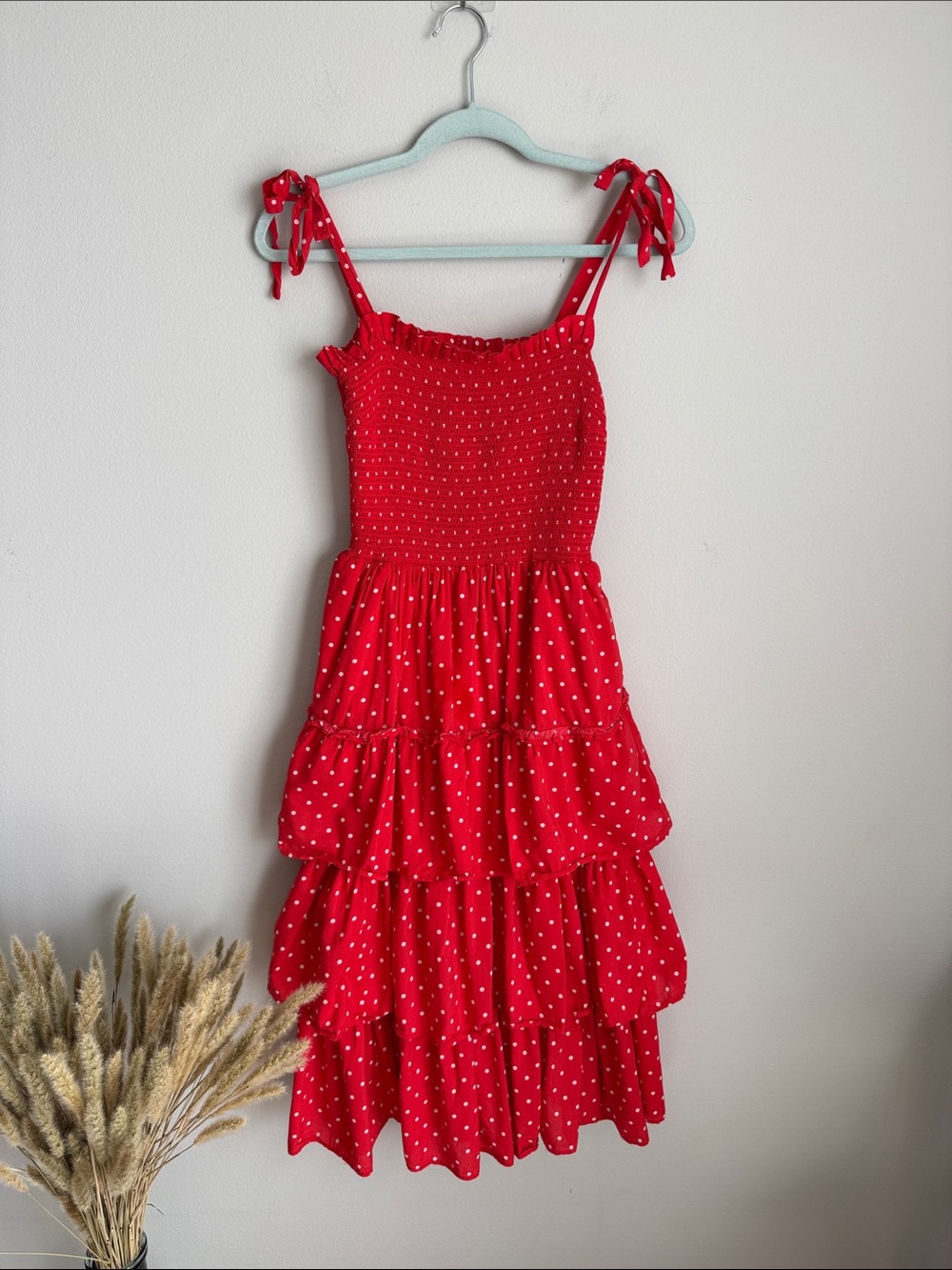 Draper James Red Polka Dot Smocked Tiered Midi Dress XS Cottagecore Sundress - Picture 2 of 11